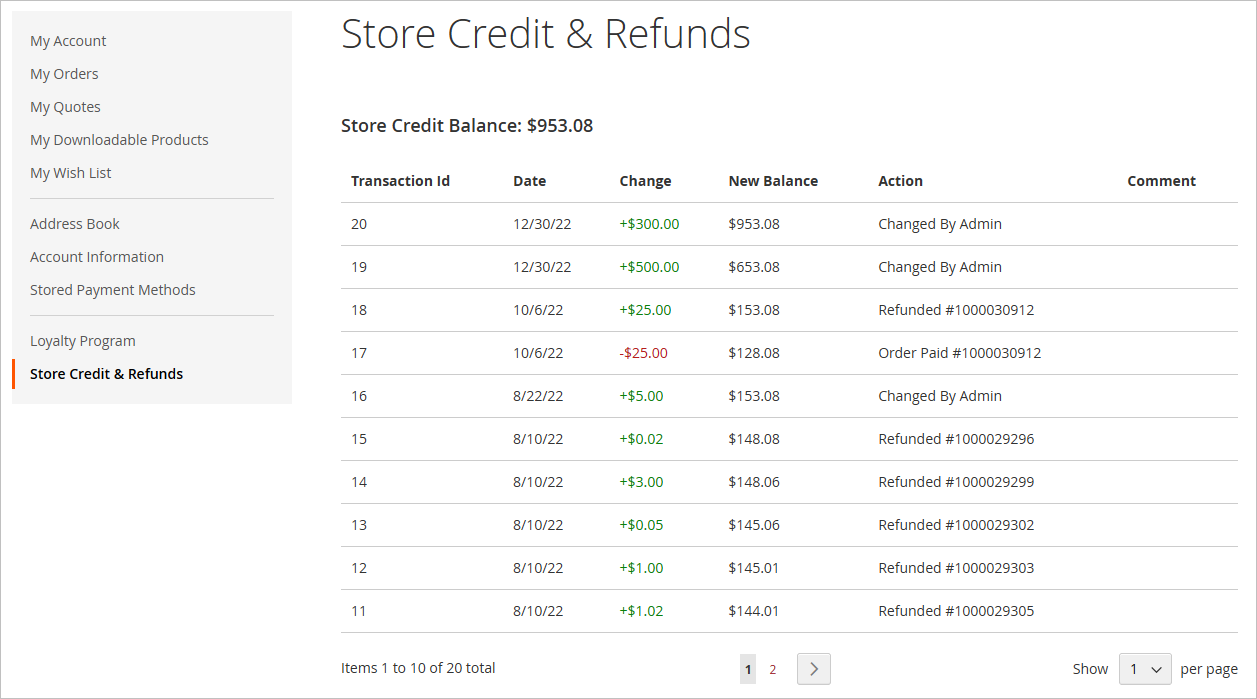 Store credit page