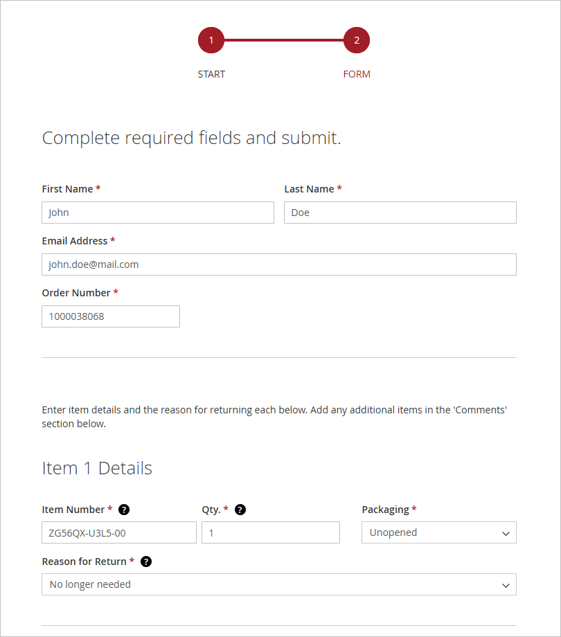 Return Authorization Web Form